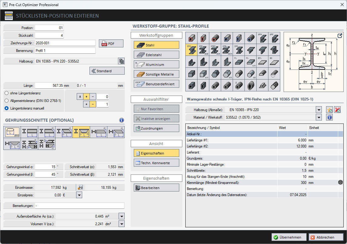 Pre-Cut Optimizer - edit parts list item